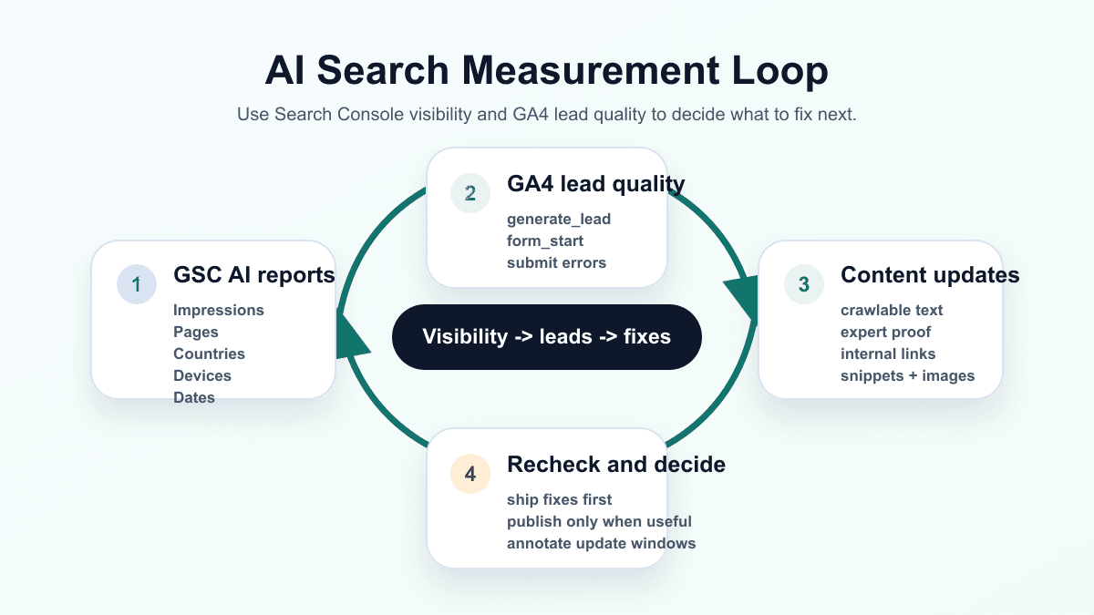AI Search measurement loop connecting Search Console generative AI reports, GA4 lead events, and content updates