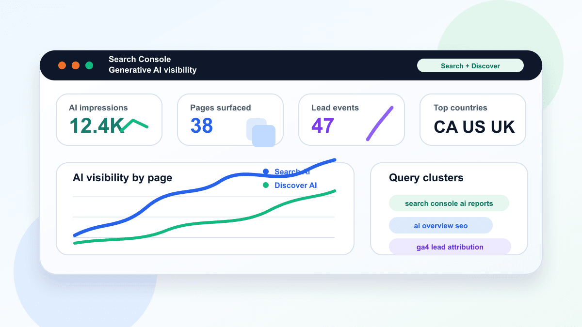 Search Console AI visibility dashboard showing AI impressions, pages, and measurement signals