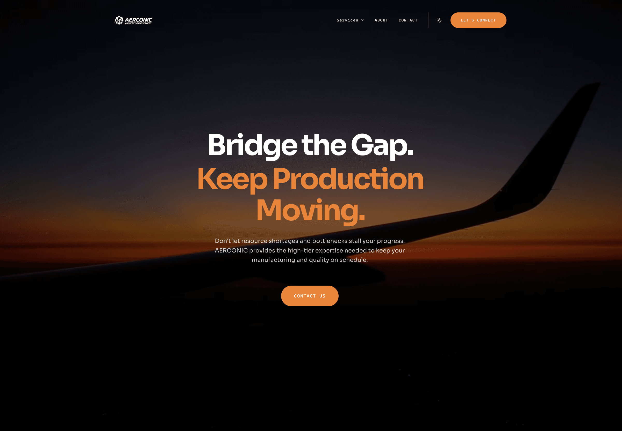 Aerconic dark aerospace corporate website homepage preview