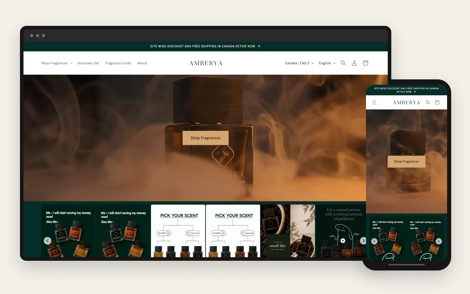Amberya fragrance storefront shown in coordinated desktop and mobile frames
