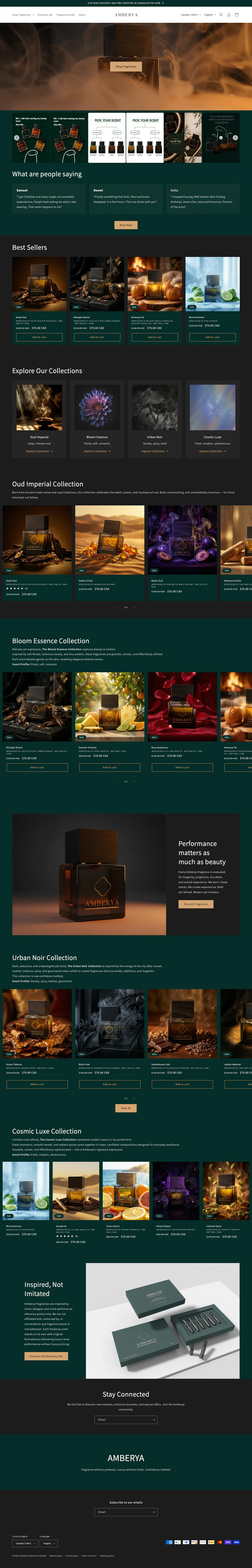 Tall desktop preview of the Amberya Shopify fragrance store