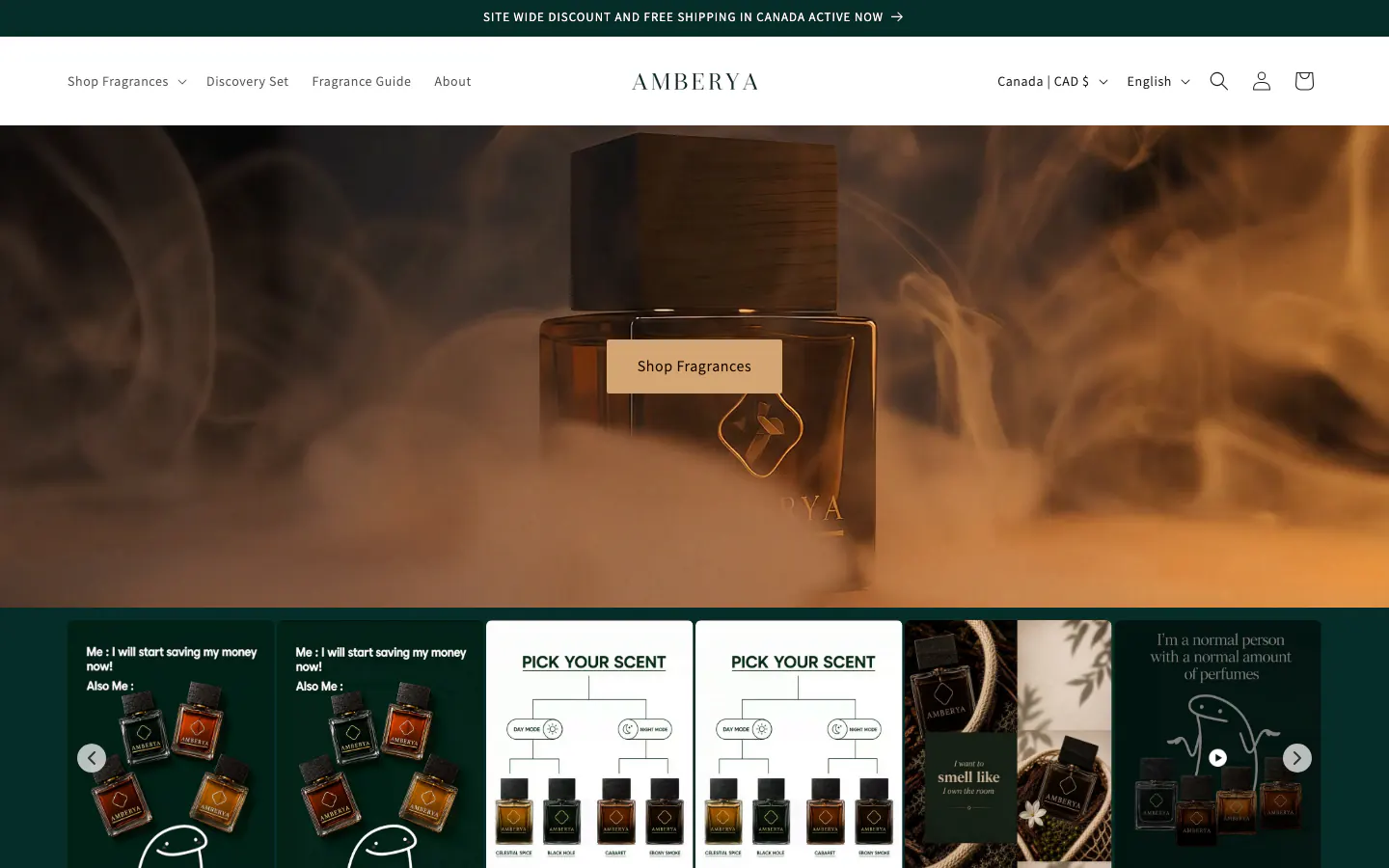 Amberya desktop fragrance hero with Shop Fragrances action