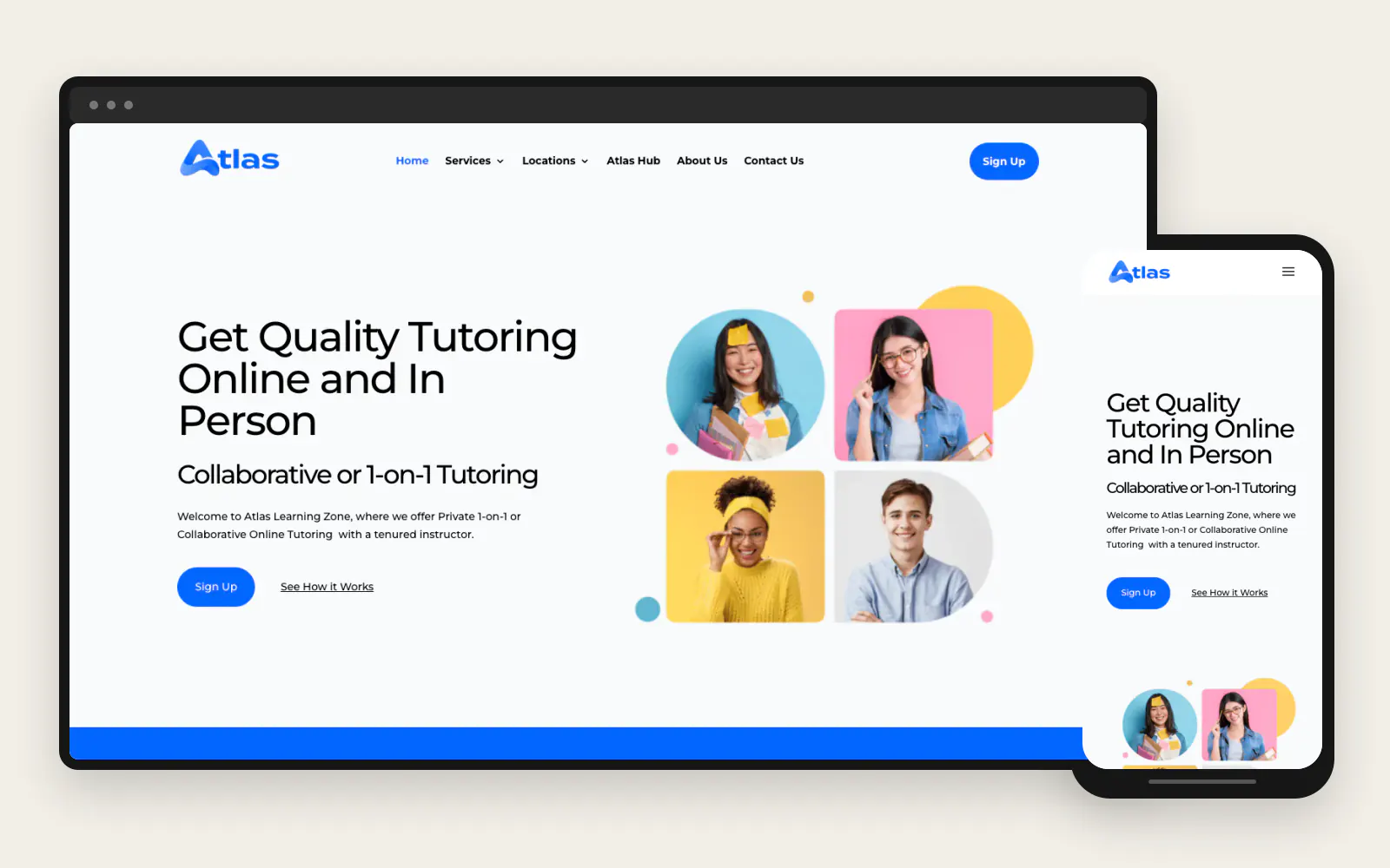 Atlas Learning Zone tutoring website shown in coordinated desktop and mobile frames