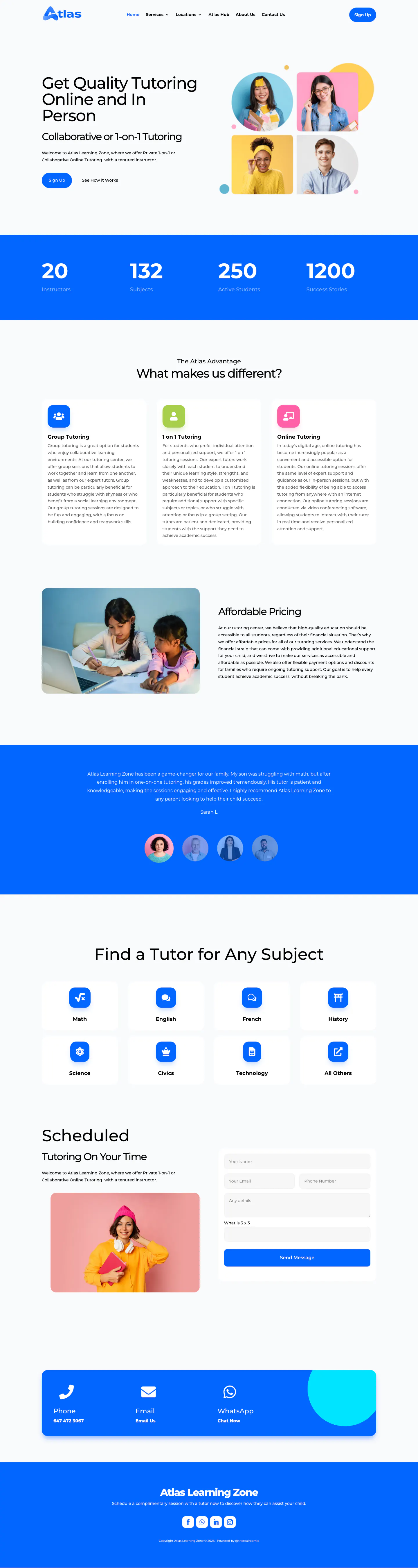 Tall desktop preview of the Atlas Learning Zone tutoring website