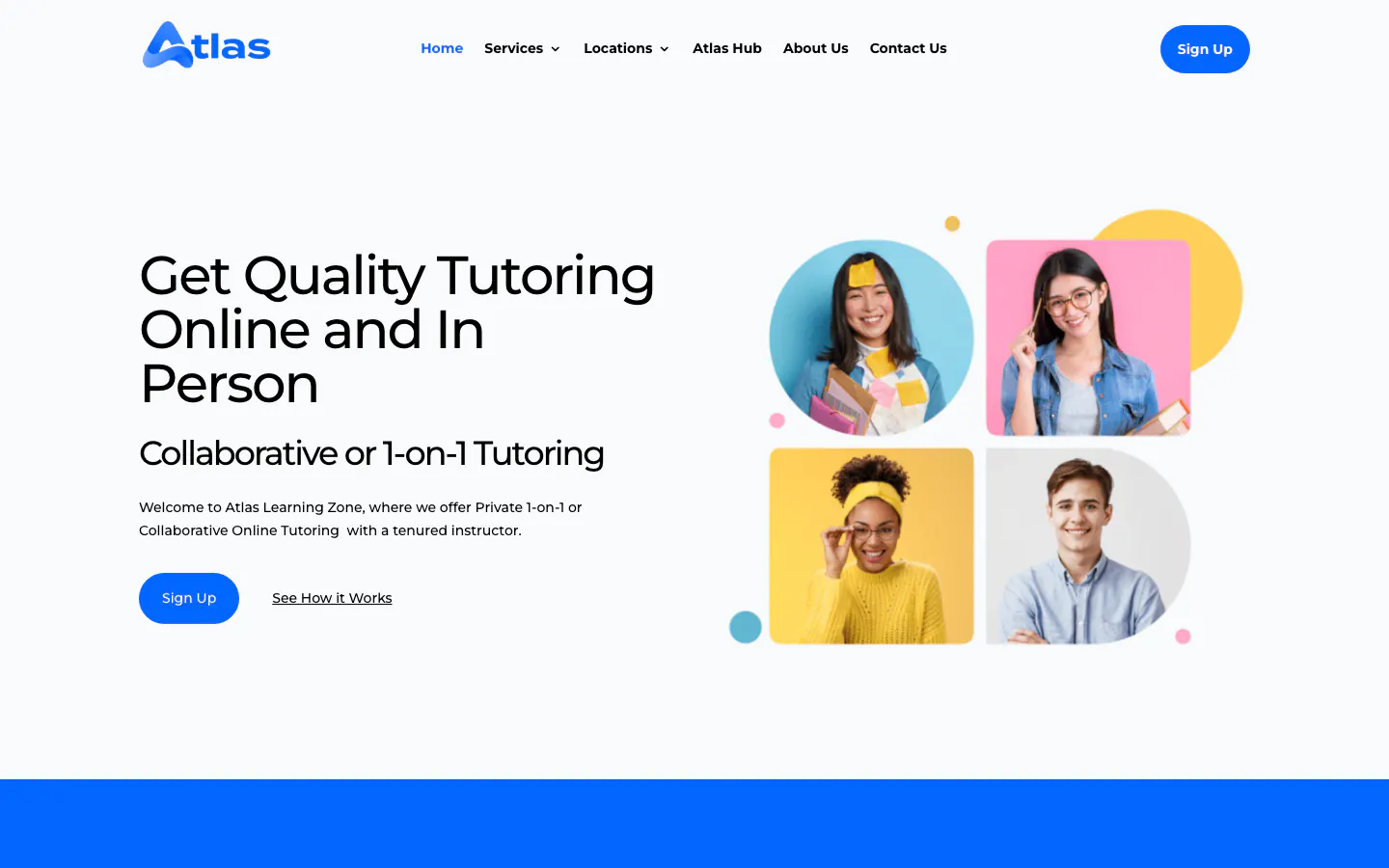 Atlas Learning Zone desktop hero with tutoring signup actions