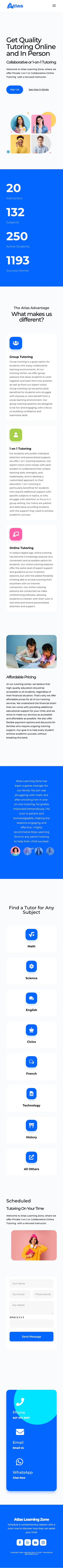 Tall mobile preview of the Atlas Learning Zone tutoring website