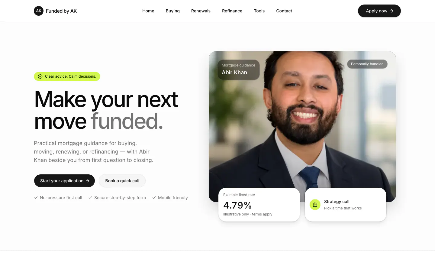 Funded by AK desktop hero with mortgage application and call actions