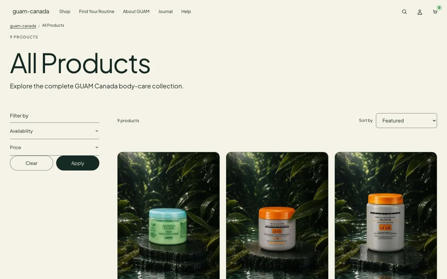 GUAM desktop collection with botanical product photography and format and body-area navigation