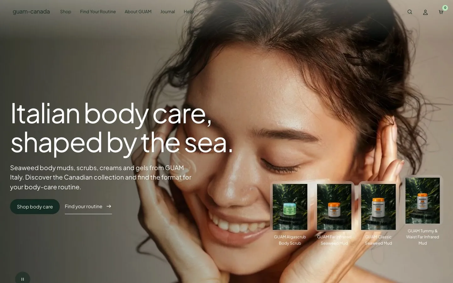 GUAM desktop homepage pairing an editorial body-care introduction with botanical product imagery