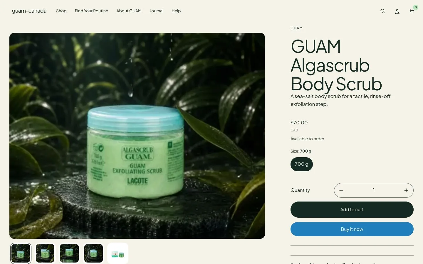 GUAM desktop product page showing body-care imagery and product information