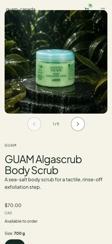 GUAM mobile product page with body-care imagery and readable product details