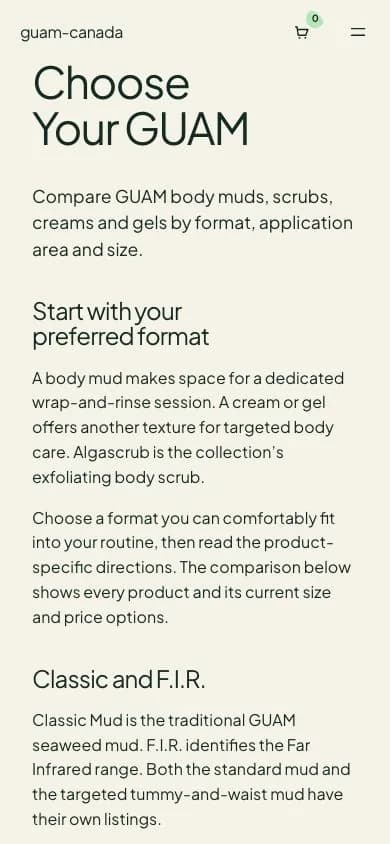 GUAM mobile routine guide presenting body-care guidance alongside the storefront