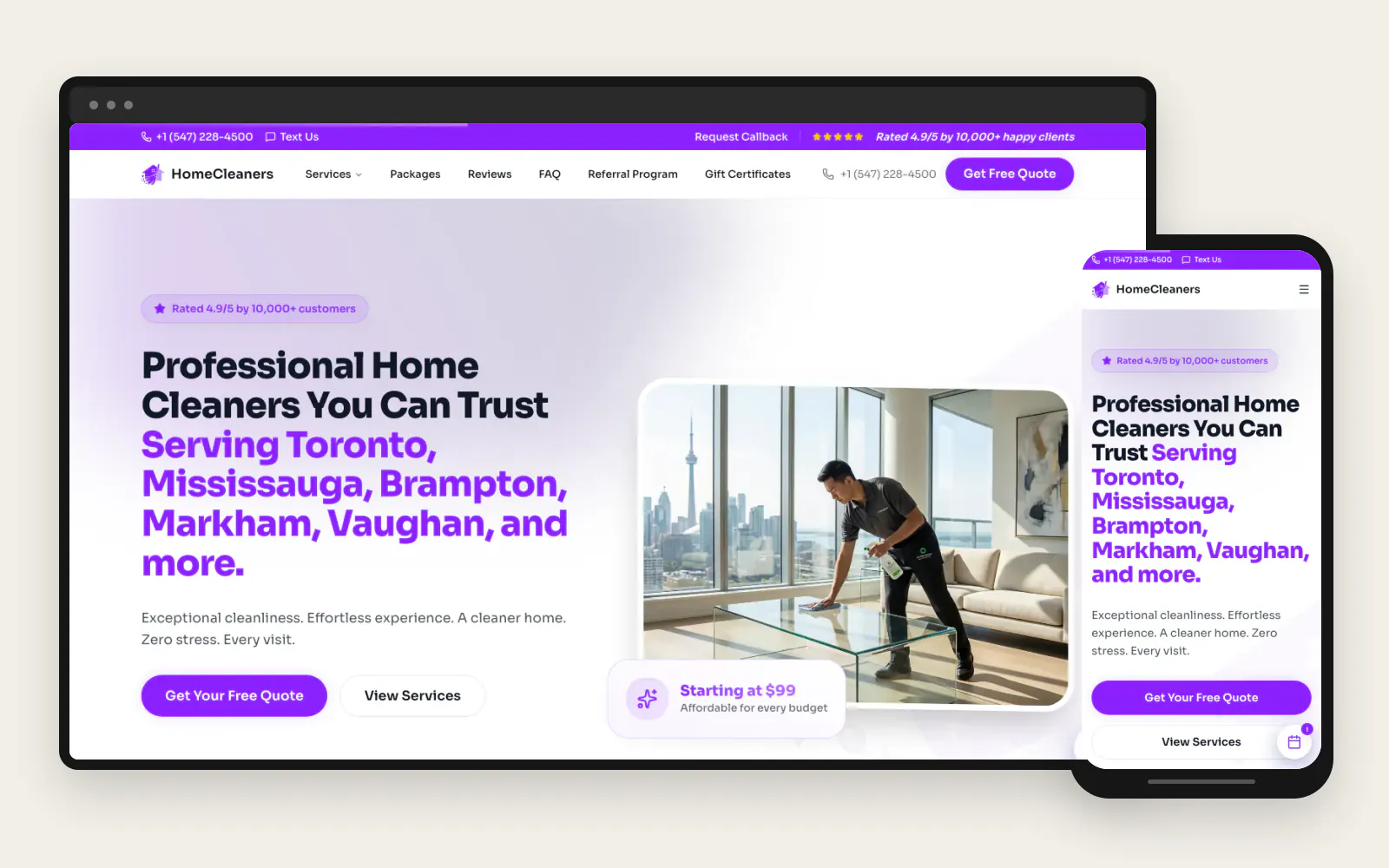 HomeCleaners service website shown in coordinated desktop and mobile frames