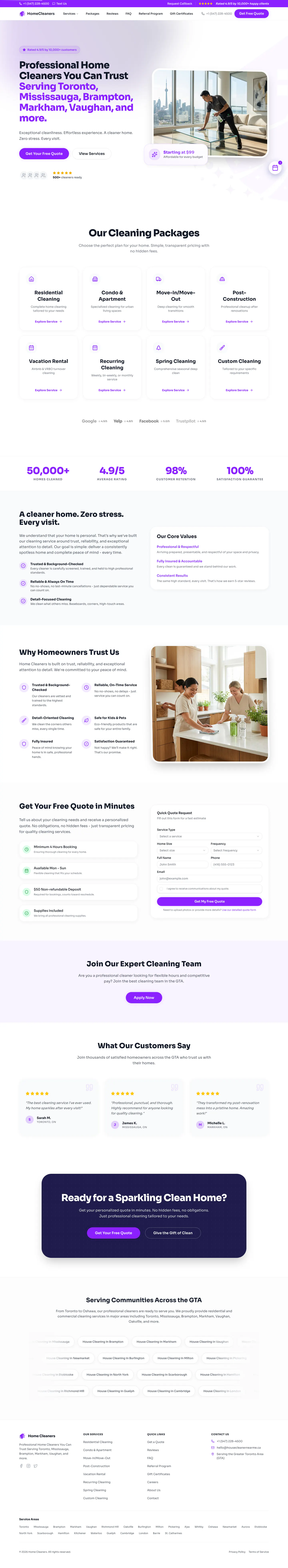 Tall desktop preview of the HomeCleaners service website
