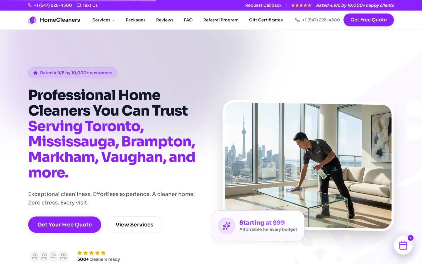 HomeCleaners desktop hero with GTA service coverage and quote actions