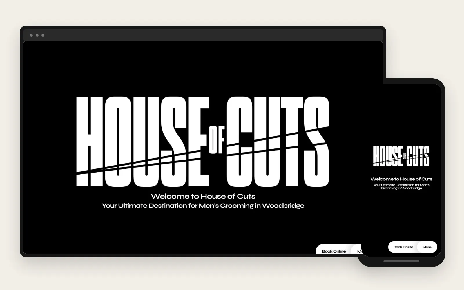 House of Cuts barbershop website shown in coordinated desktop and mobile frames