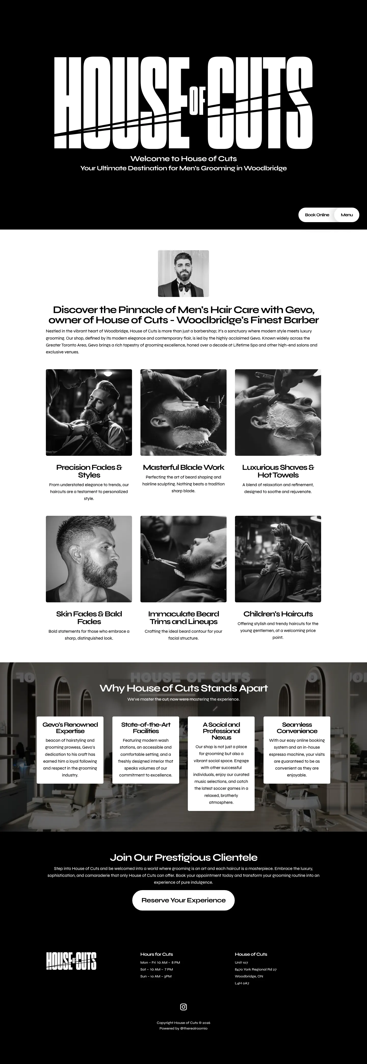 Tall desktop preview of the House of Cuts barbershop website