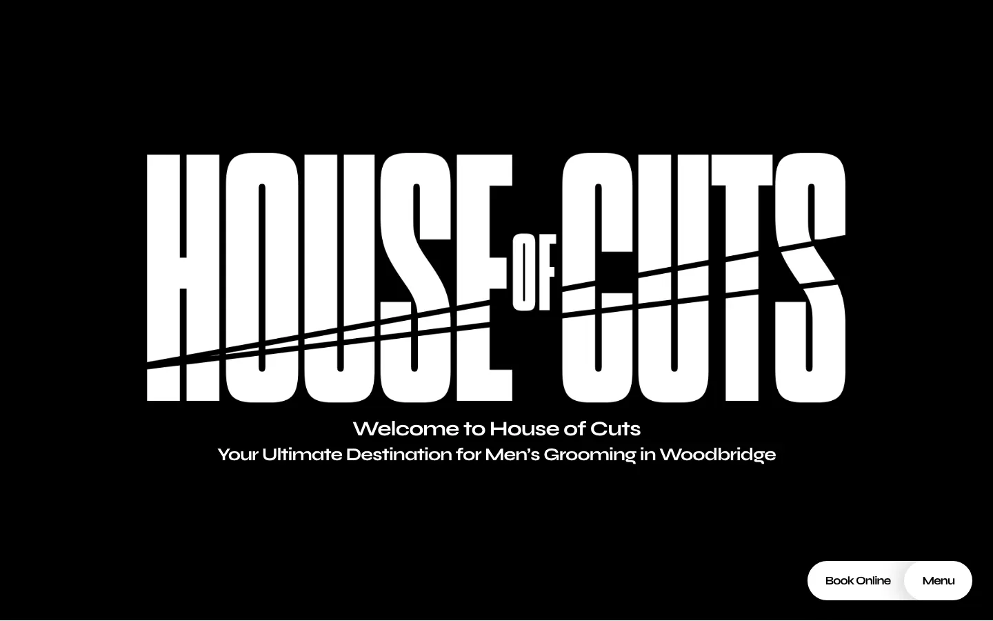 House of Cuts desktop hero with booking and menu controls
