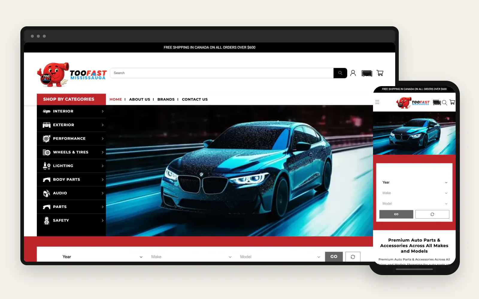 Too Fast Mississauga auto-parts storefront shown in coordinated desktop and mobile frames