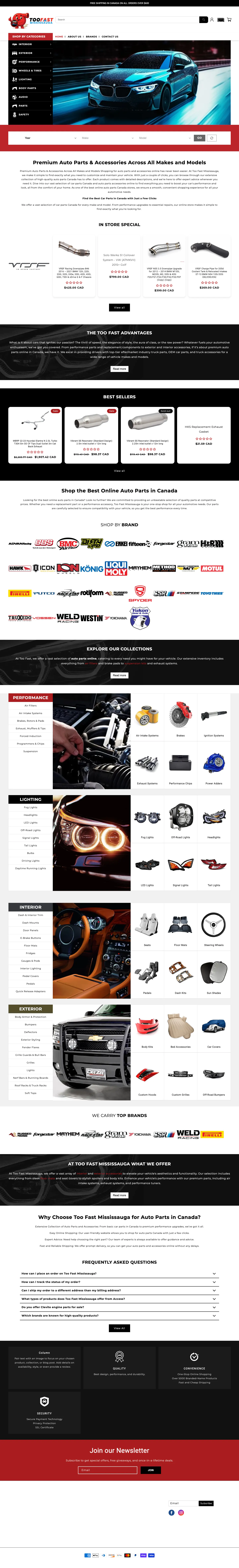 Tall desktop preview of the Too Fast Mississauga Shopify store