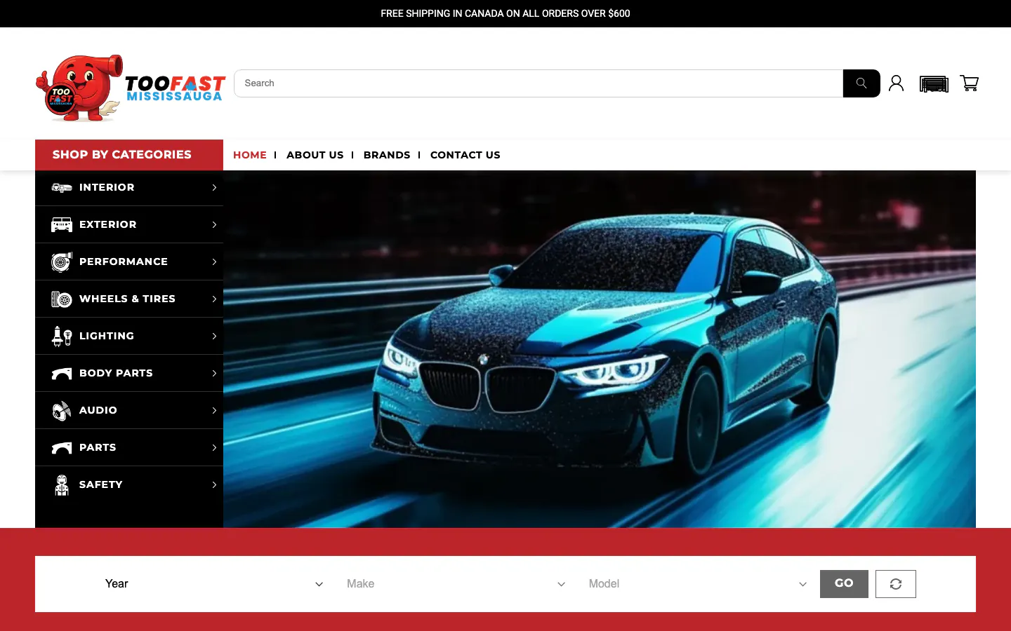 Too Fast Mississauga desktop hero with categories and vehicle finder