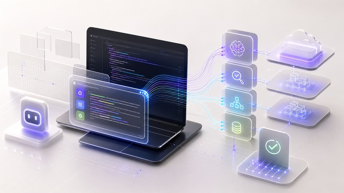 AI agent development workspace illustration with automation flows