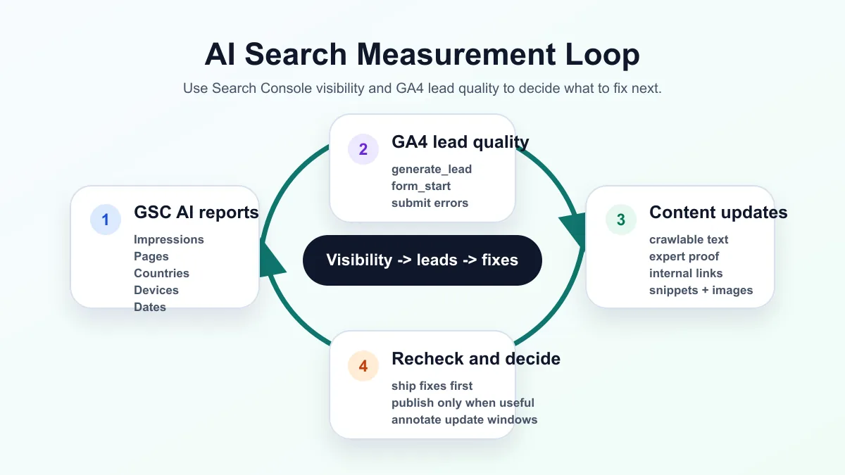 AI Search measurement loop connecting Search Console generative AI reports, GA4 lead events, and content updates