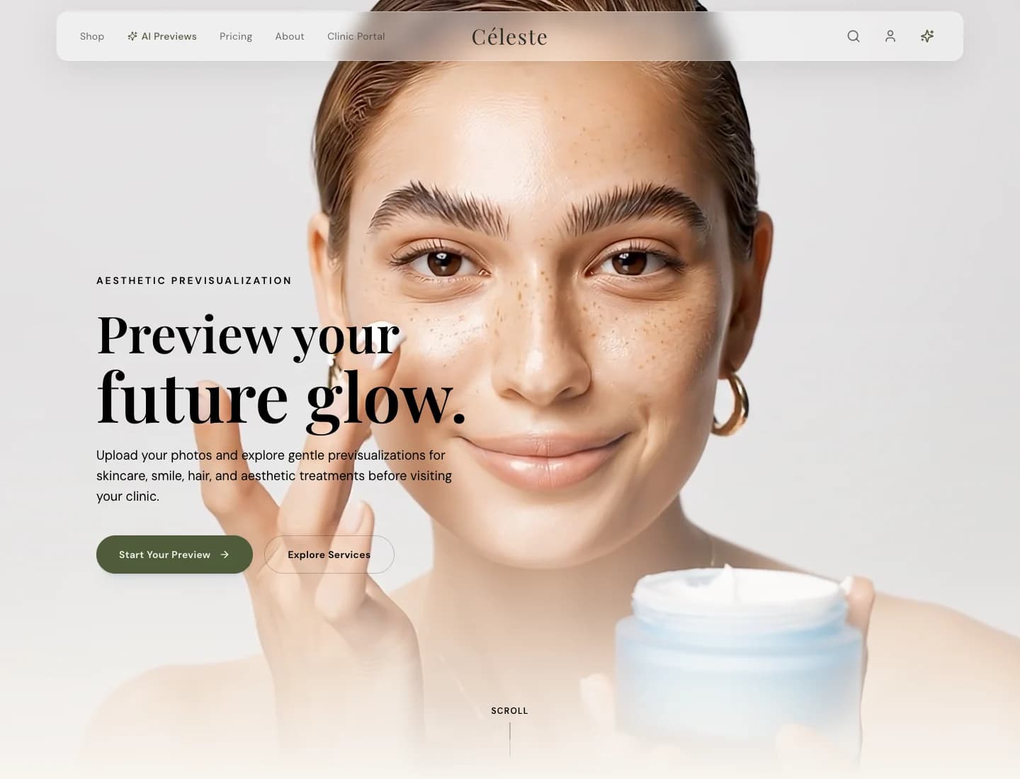 Desktop screenshot of the Céleste homepage with a luxury aesthetic previsualization hero and consultation call to action