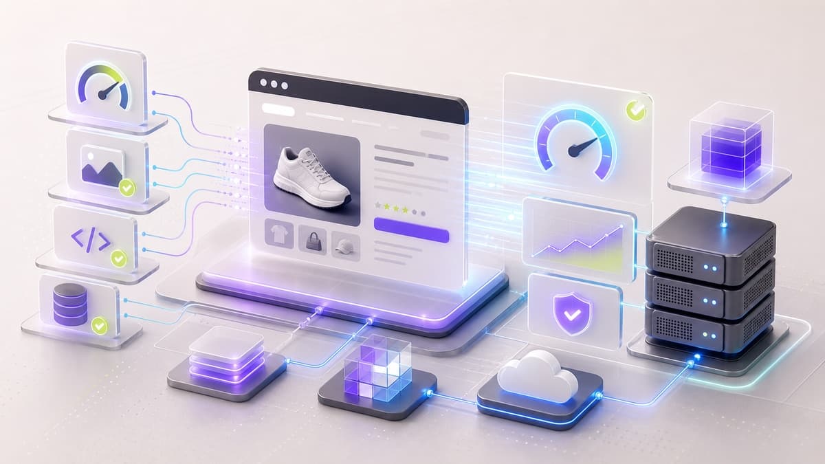WordPress and WooCommerce speed optimization tutorial illustration with performance metrics