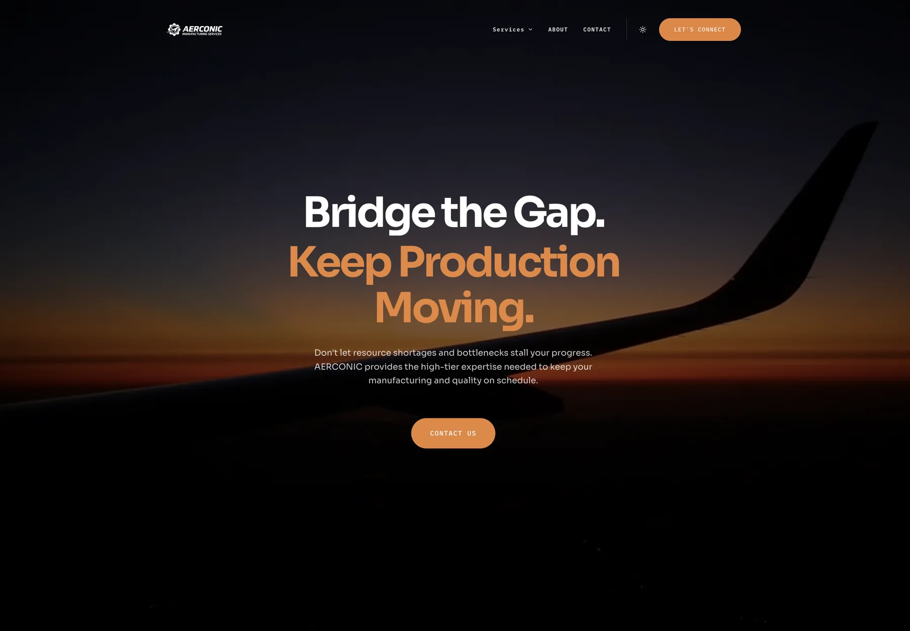 Aerconic dark aerospace corporate website homepage preview