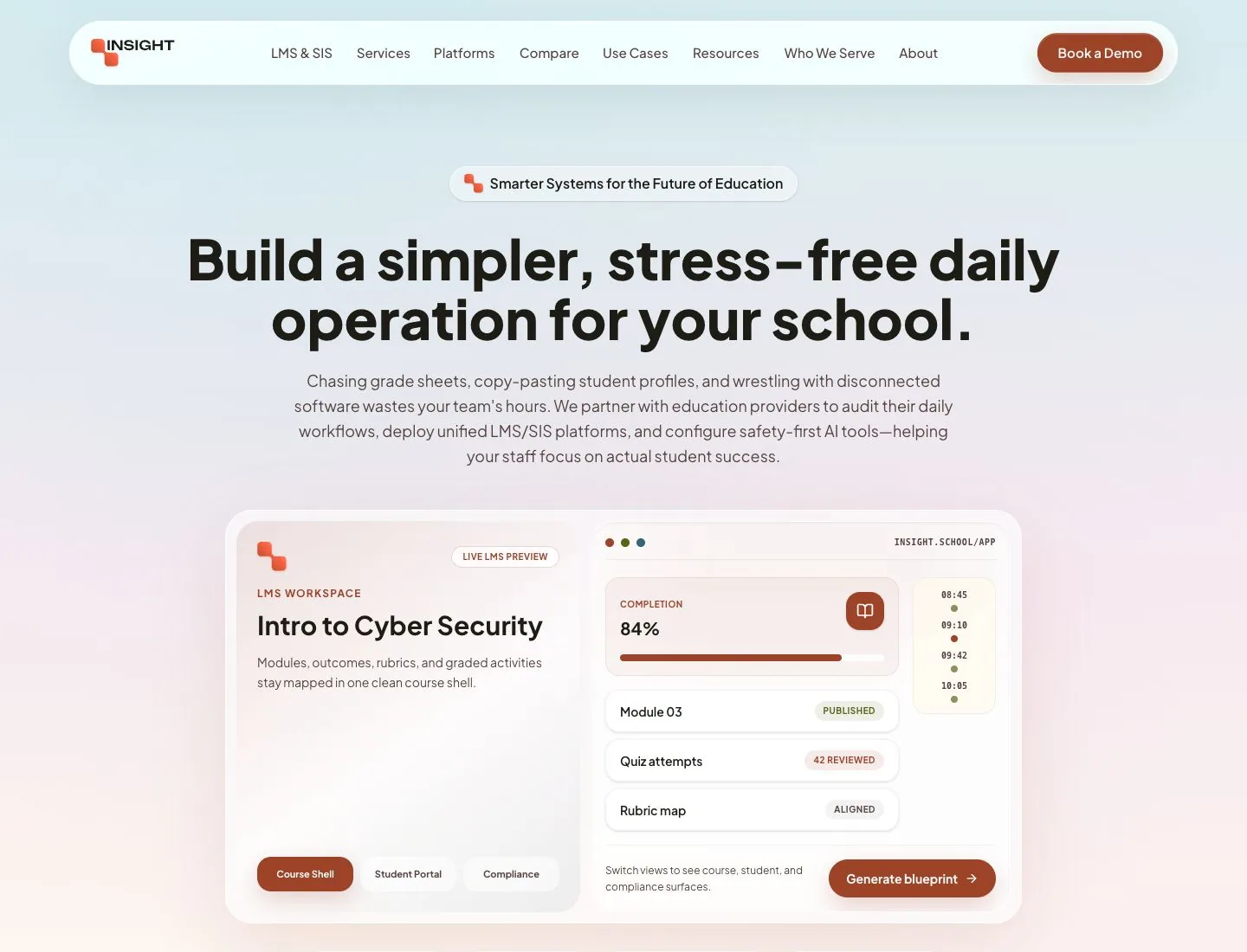 INSIGHT education operations platform homepage desktop preview