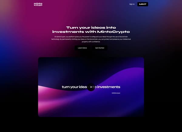 MintoCrypto Web3 onboarding and landing page interface preview