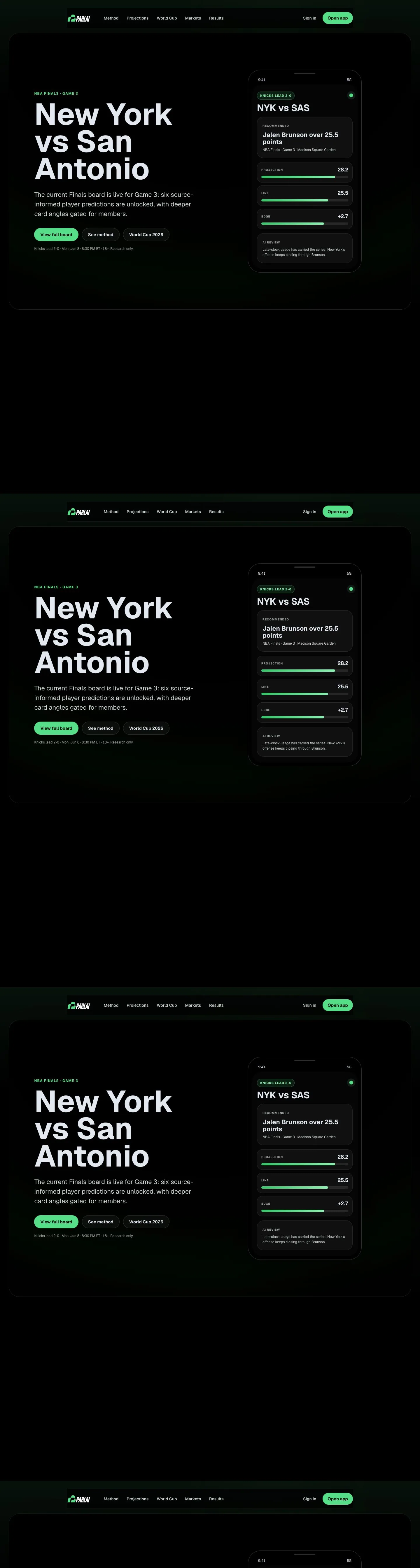 Tall desktop preview of the ParlAi sports analytics website