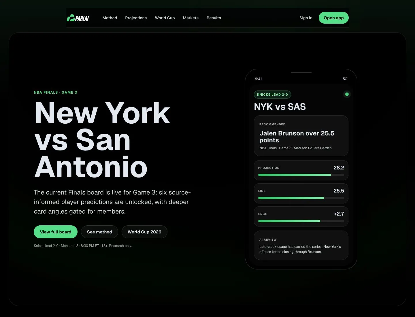 ParlAi sports analytics and prediction platform homepage desktop preview